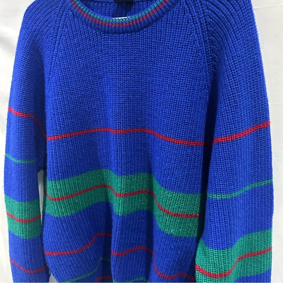 Vintage Ribbed Knit Sweater Blue Green Red Striped Crewneck 90s Y2K - Picture 3 of 9